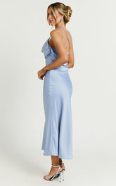 Soft Petal Midi Dress - Cowl Crossover Back Dress in Cornflower Blue